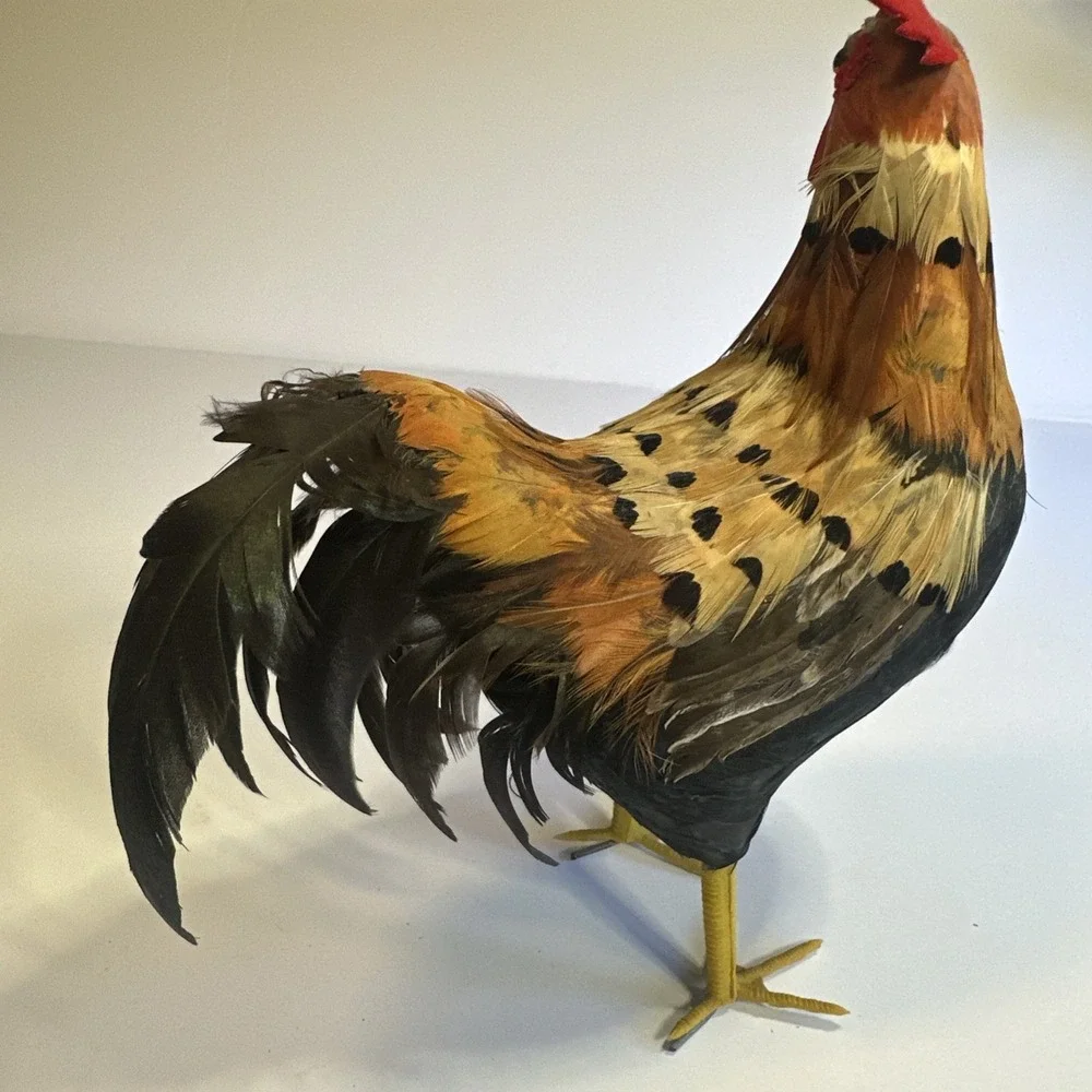 Realistic Rooster Figure Real Feathers Farmhouse Chicken Decor Country